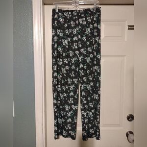 Messini Women's Black/White/Green Floral/Dots Pull On Stretch Pants Size Medium